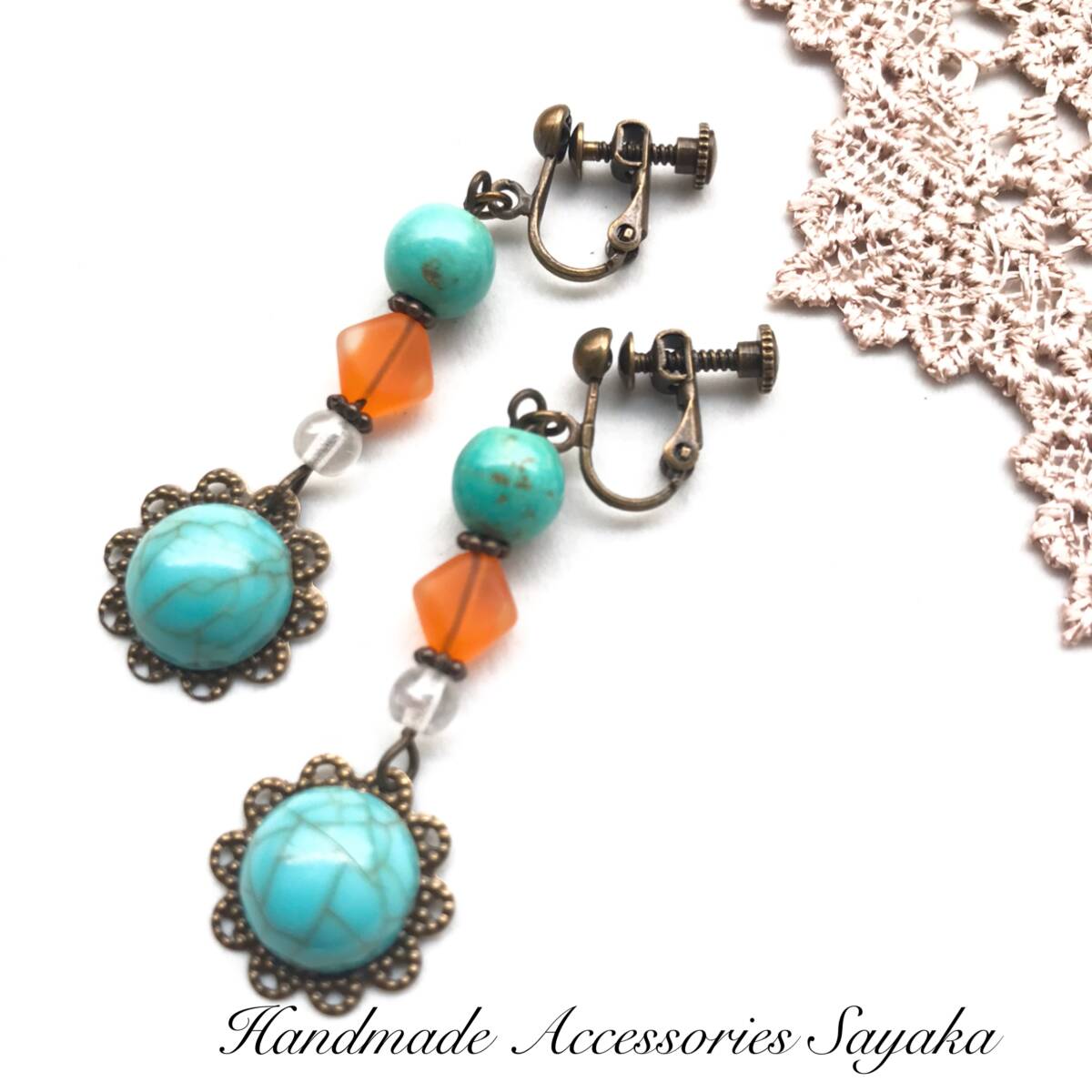 新品即決◆アンティーク調 ハンドメイドイヤリング 練りターコイズ ブルー 水色 オレンジ 夏 金古美 サマー アクセサリー 手作り拍卖