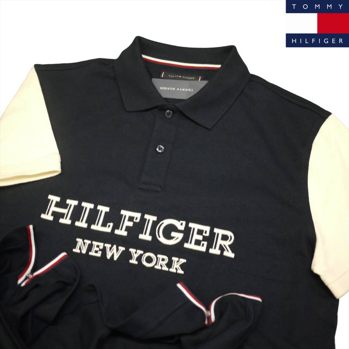 新品 トミーヒルフィガー 刺繍ロゴ 100%コットン ポロシャツ (M) ネイビー ゴルフにも!TOMMY HILFIGER USAモデル /fa229拍卖