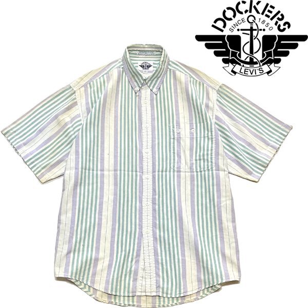 1点物◆リーバイス系ドッカーズ雰囲気系ストライプシャツ古着メンズL/XLレディースOKアメカジ90sストリート/スポーツ/ブランド白緑紫349204拍卖