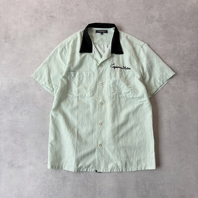 ■CAPTAINS HELM キャプテンズヘルム 刺繍 バイカラー 半袖 開襟シャツ ボウリングシャツ メンズ(M) 黄緑 ルード系 / d-001拍卖