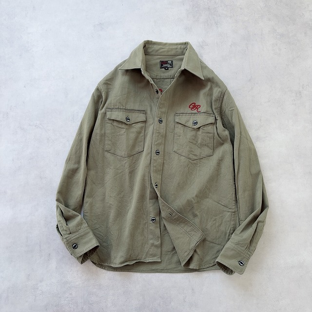 ■CUTRATE カットレイト 日本製 長袖 フロント バック 刺繍 コットン ワーク シャツ メンズ(M) 緑 ルード系 アメカジ / d-034拍卖