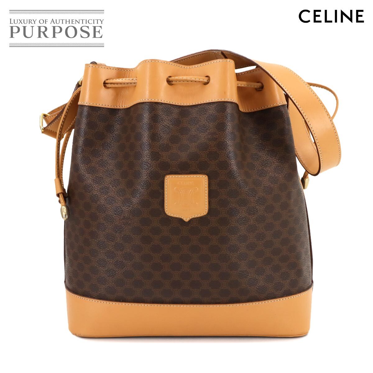 新品同様 セリーヌ CELINE マカダム柄 巾着 ショルダー バッグ PVC レザー ブラウン ゴールド 金具 ヴィンテージ Macadam Bag 90282222拍卖