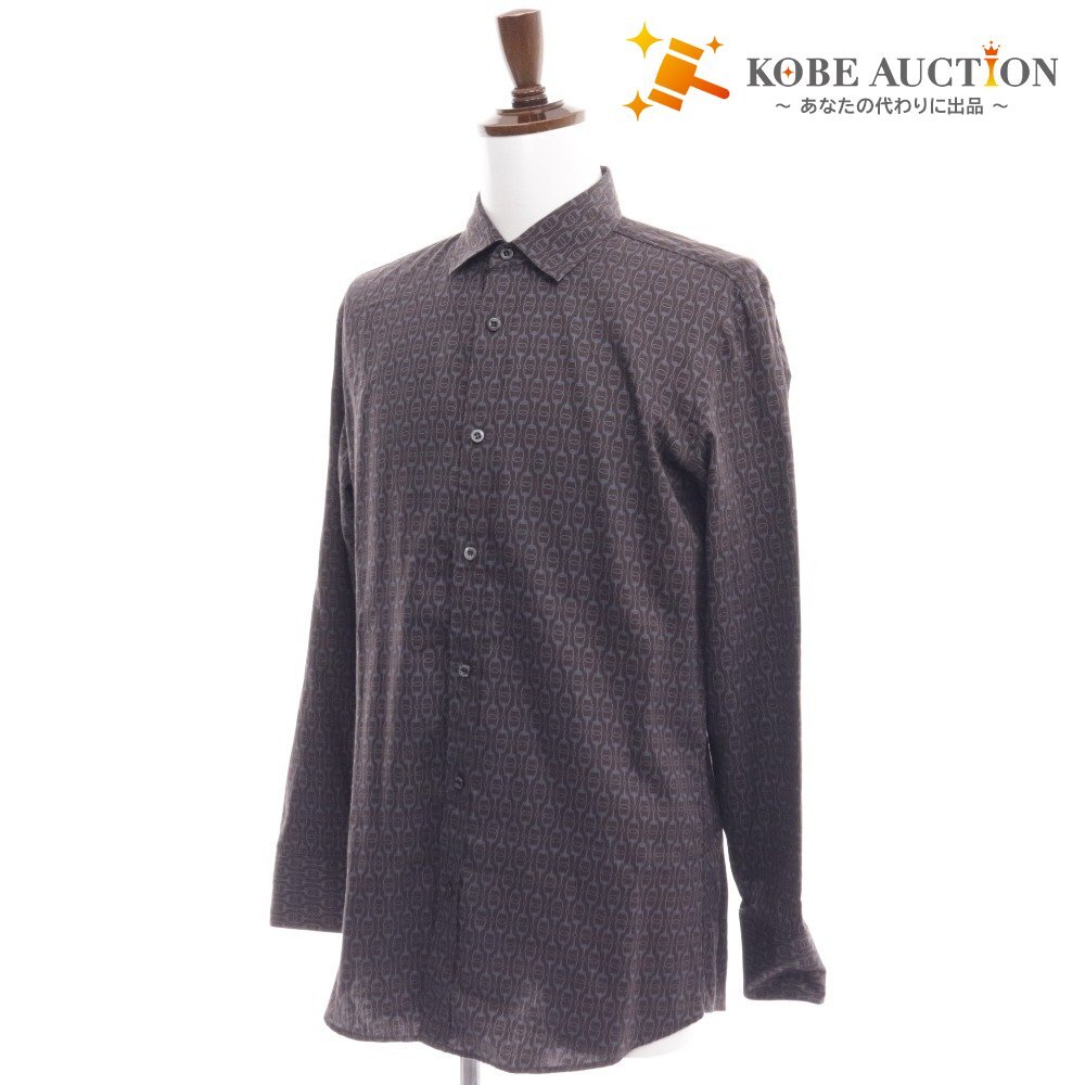 ■ グッチ シャツ 長袖 トップス 総柄 コットン メンズ 41 ブラウン拍卖