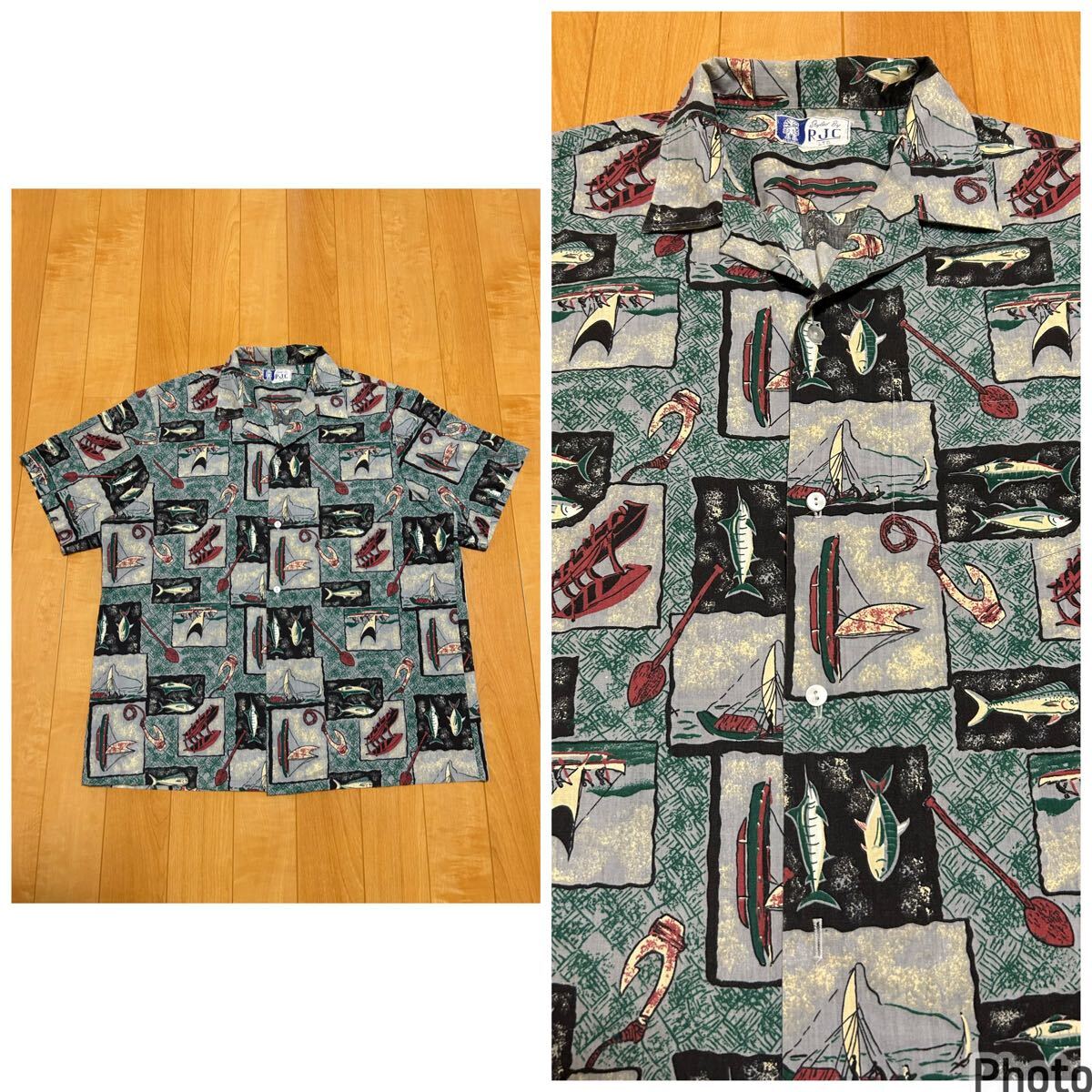 ☆HAWAII.USA製/OLD Styled By RJC LTD. 日本サイズ2XL〜並 ビンテージ半袖アロハシャツ 全面網調模様入・カジキ.マグロカツオ?他魚総柄拍卖