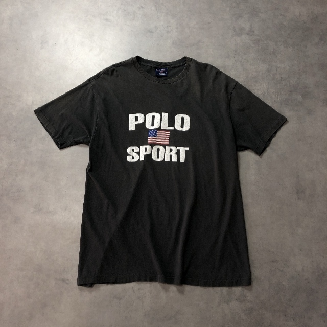 GQ2651◇POLO SPORT RALPH LAUREN : 90's USA製 ロゴプリントTシャツ◇M◇フェードブラック 星条旗 シングルステッチ 拍卖
