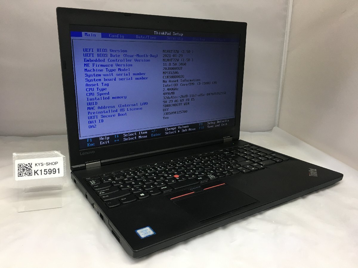 ジャンク/Lenovo ThinkPad L570 20J80009JP/Core i3 7100U 2.40GHz/ストレージ無し/4GB/15.6インチ/第7世代/テンキー/AC欠品【K15991】拍卖