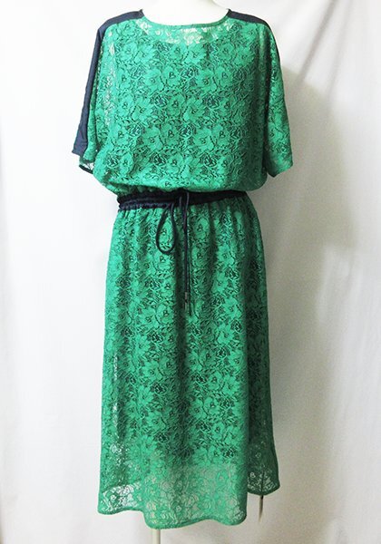 *未使用タグ付き grace class グレースクラス ワンピース ロング マキシ レース 花柄 デザイン 36 グリーン×ネイビー*拍卖