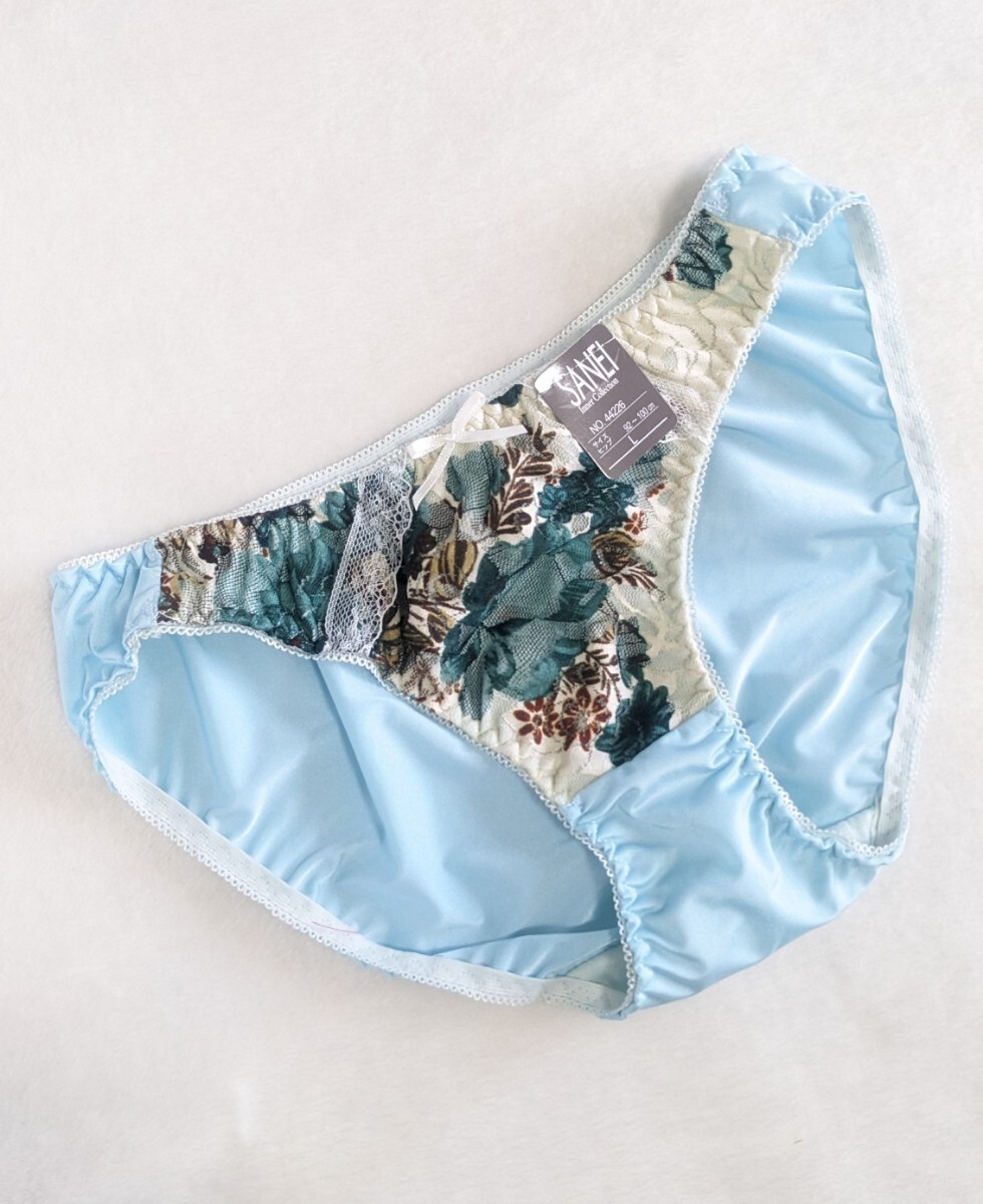 お泊まりに☆キュートなパンティ未使用L☆フロントシックなボタニカル柄レース☆サックス☆匿名配送可☆タグあり☆拍卖