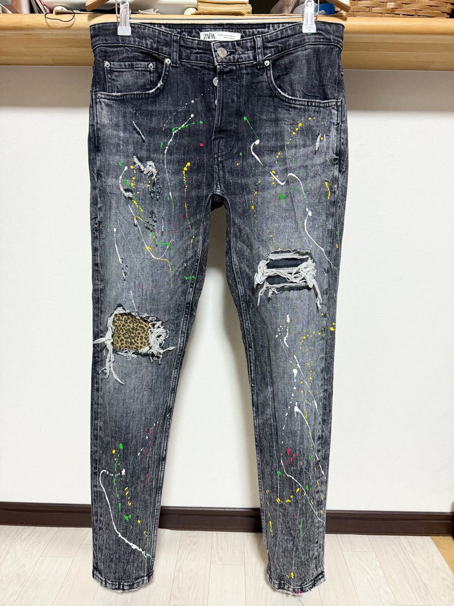 ペイント ZARA MAN ヒョウ柄 ダメージ スキニー 送料230円 40 31 デニム ストレッチ ジーンズ メンズ パンツ ブラック 黒拍卖