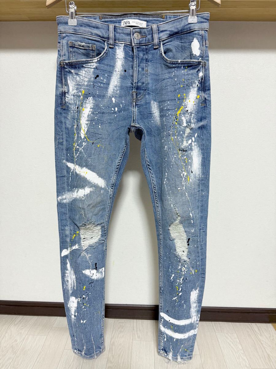 柔らかめ 春夏カラー ペイント ZARA MAN ストレッチ スキニー 送料230円 38 30 ダメージ デニム パンツ ブルー メンズ ジーンズ拍卖
