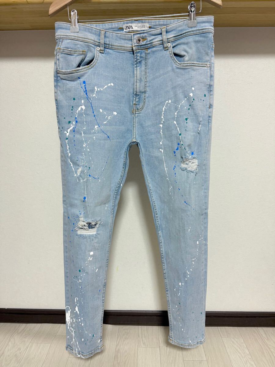 春夏用 伸縮性強め ペイント ZARA MAN ストライプ ストレッチ 送料230円 42 32 ウルトラ スキニー ダメージ デニム パンツ メンズ ジーンズ拍卖