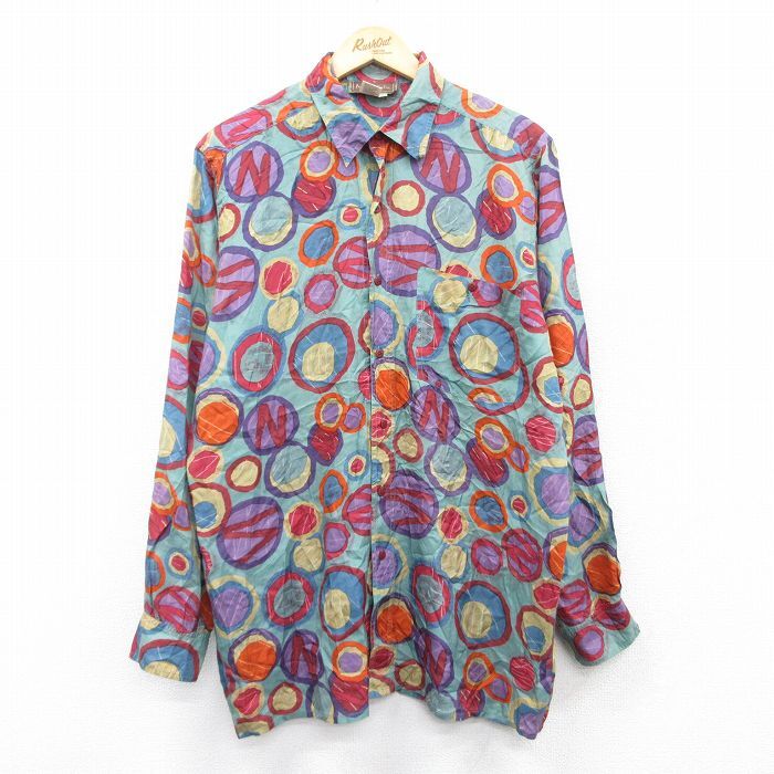 L/古着 長袖 シャツ メンズ 90s 総柄 ロング丈 シルク 緑他 グリーン 25may30 中古 トップス拍卖