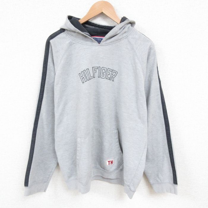 XL/古着 トミーヒルフィガー トミージーンズ 長袖 ブランド スウェット パーカー メンズ 90s ビッグロゴ 大きいサイズ ラグラン グレー 霜拍卖