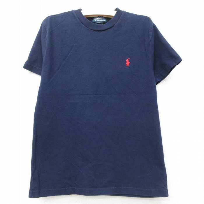 古着 ラルフローレン 半袖 ブランド Tシャツ キッズ ボーイズ 子供服 90s ワンポイントロゴ コットン クルーネック 紺 ネイビー 25jun06拍卖