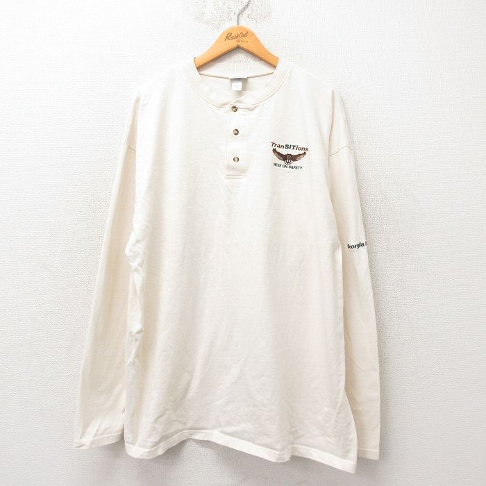 XL/古着 長袖 Tシャツ メンズ フクロウ 大きいサイズ ロング丈 コットン ヘンリーネック 生成り 25jun06 中古拍卖