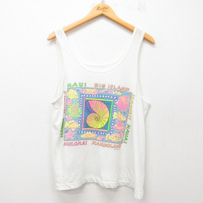 L/古着 ビンテージ タンクトップ メンズ 90s ハワイ 貝殻 魚 クルーネック 白 ホワイト 25jun07 中古拍卖