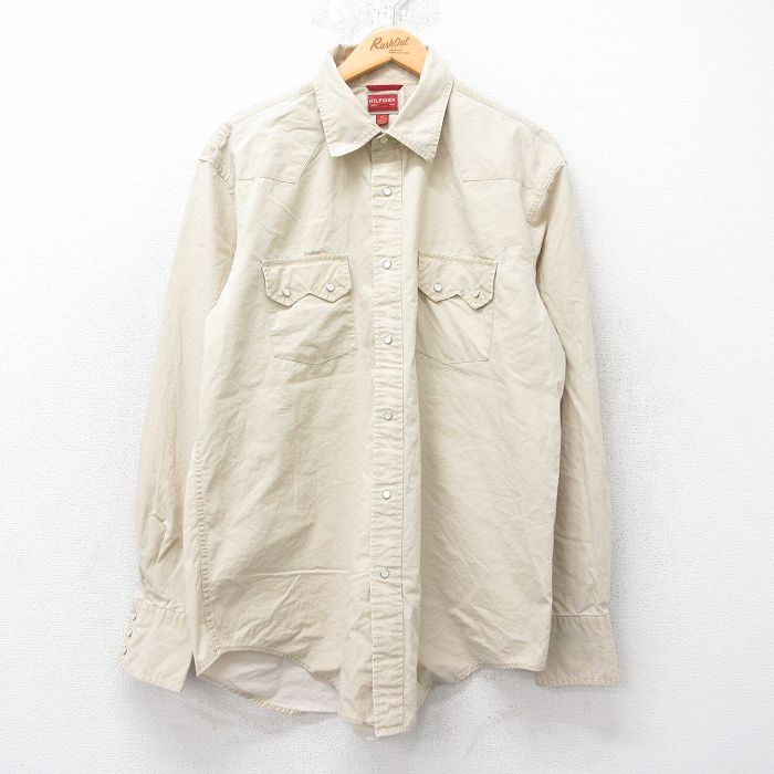 XL/古着 トミーヒルフィガー 長袖 ブランド ウエスタン シャツ メンズ コットン 薄ベージュ カーキ 25jun11 中古 トップス拍卖