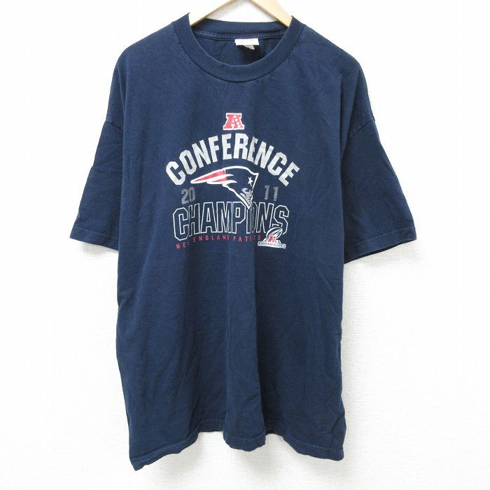 XL/古着 半袖 Tシャツ メンズ NFL ニューイングランドペイトリオッツ 大きいサイズ ロング丈 コットン クルーネック 紺 ネイビー アメフト拍卖