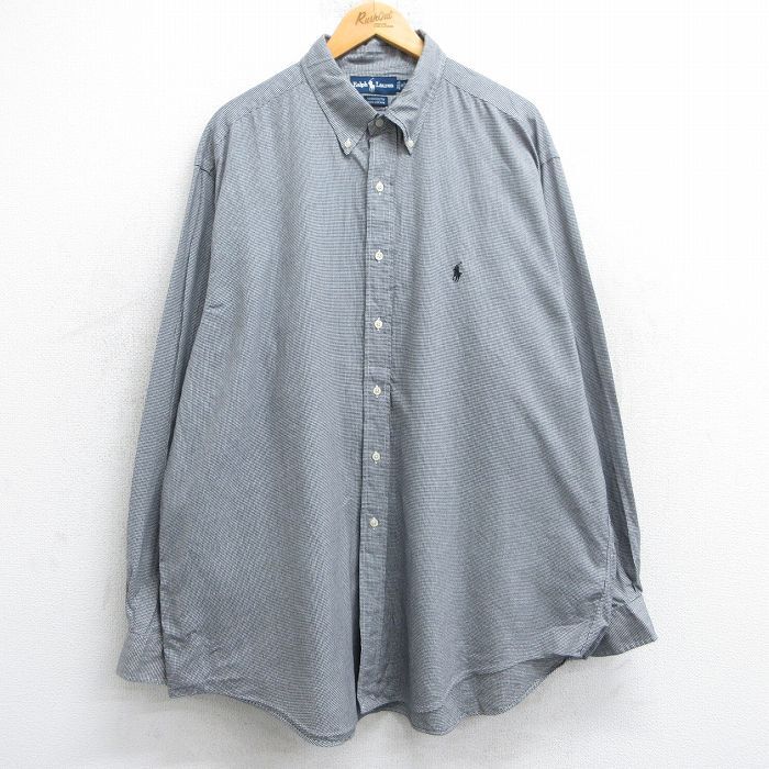 XL/古着 ラルフローレン 長袖 ブランド シャツ メンズ 90s ワンポイントロゴ 千鳥格子 YARMOUTH 大きいサイズ ロング丈 コットン ボタンダ拍卖