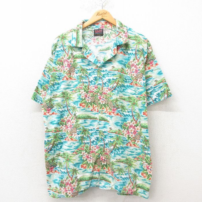 XL/古着 半袖 ハワイアン シャツ メンズ 00s ヤシの木 開襟 オープンカラー 水色 25jun10 中古 アロハ トップス拍卖