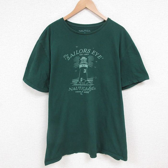 XL/古着 ノーティカ 半袖 ブランド Tシャツ メンズ 灯台 大きいサイズ コットン クルーネック 緑 グリーン 25jun10 中古拍卖
