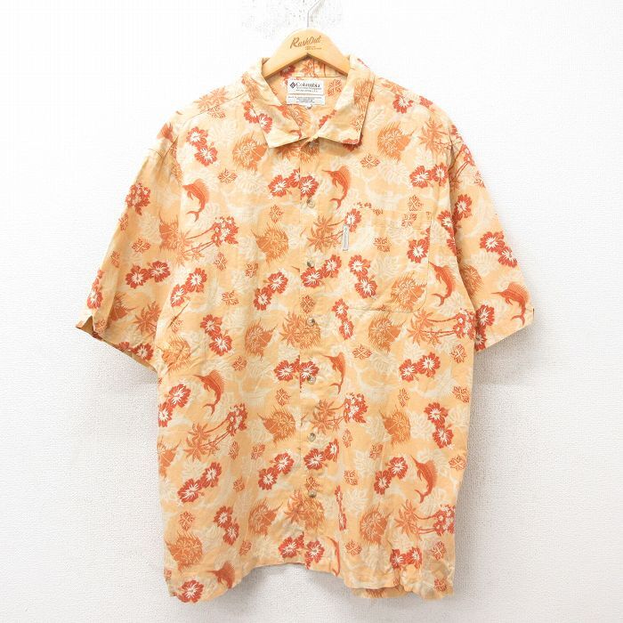 XL/古着 コロンビア 半袖 ハワイアン シャツ メンズ 00s カジキ ヤシの木 リネン オレンジ 25jun10 中古 アロハ トップス拍卖