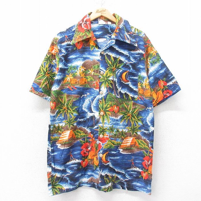 XL/古着 半袖 ハワイアン シャツ メンズ 00s サーフィン ヤシの木 コットン 開襟 オープンカラー 紺他 ネイビー 25jun19 中古 アロハ トッ拍卖