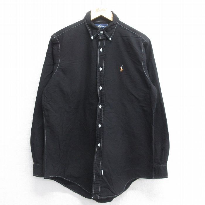 L/古着 ラルフローレン 長袖 ブランド シャツ メンズ 90s ワンポイントロゴ オックスフォード コットン ボタンダウン 黒 ブラック 25jun14拍卖
