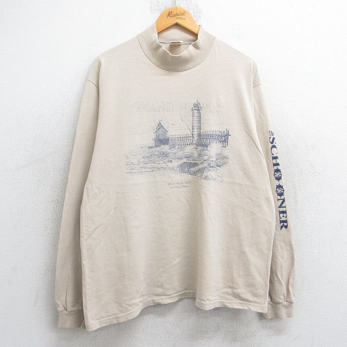 L/古着 長袖 ビンテージ Tシャツ メンズ 00s 灯台 グランドヘブン コットン モックネック ハイネック ベージュ カーキ 25jun13 中古拍卖