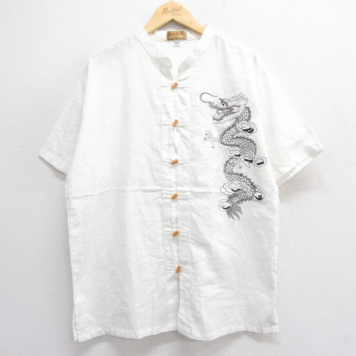 XL/古着 半袖 シャツ メンズ 龍 ッ刺繍 ノーカラー 白 ホワイト 25jun17 中古 トップス拍卖