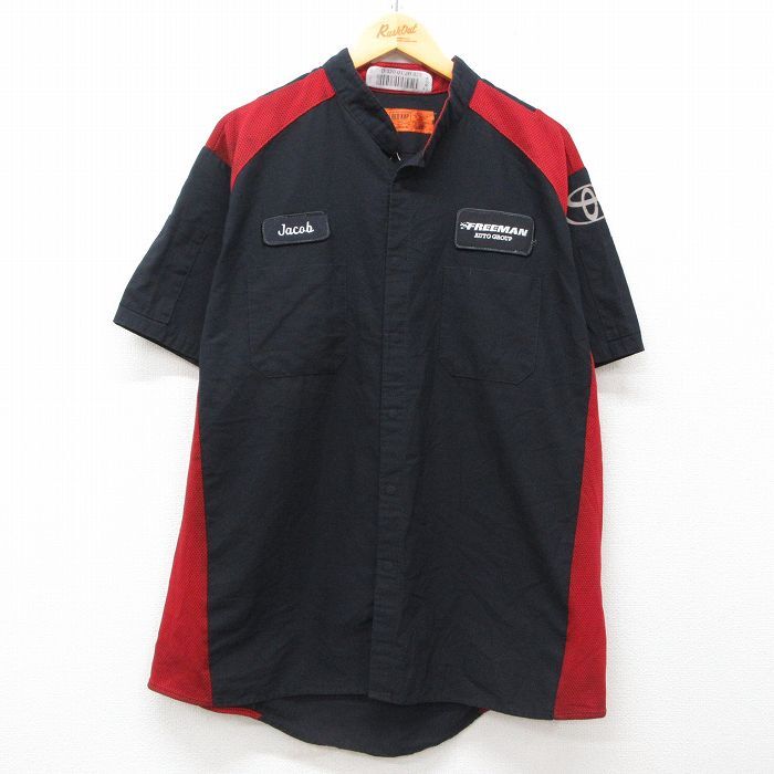 XL/古着 レッドキャップ 半袖 ワーク シャツ メンズ トヨタ リップストップ ワッペン 大きいサイズ ノーカラー 黒他 ブラック 25jun16 中古拍卖