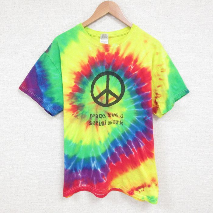 L/古着 半袖 ビンテージ Tシャツ メンズ 00s ピースマーク コットン クルーネック 黄他 イエロー タイダイ 25jun13 中古拍卖