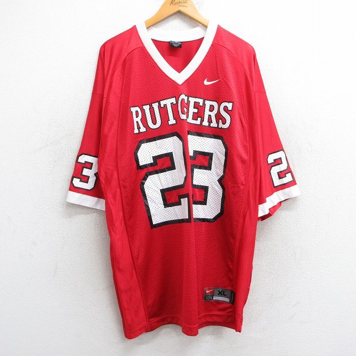 XL/古着 ナイキ NIKE 半袖 ビンテージ フットボール Tシャツ メンズ 90s ラトガース 23 ラグラン メッシュ地 大きいサイズ ロング丈 Vネッ拍卖