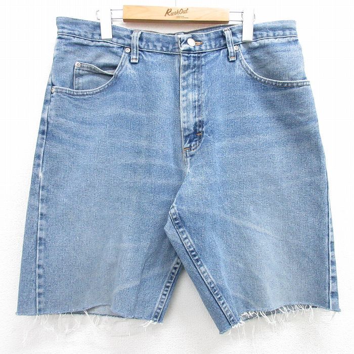 W36/古着 ラングラー ショート パンツ ショーツ メンズ ヒゲ 紺 ネイビー デニム 25jun19 中古 ボトムス 短パン ショーパン ハーフ拍卖