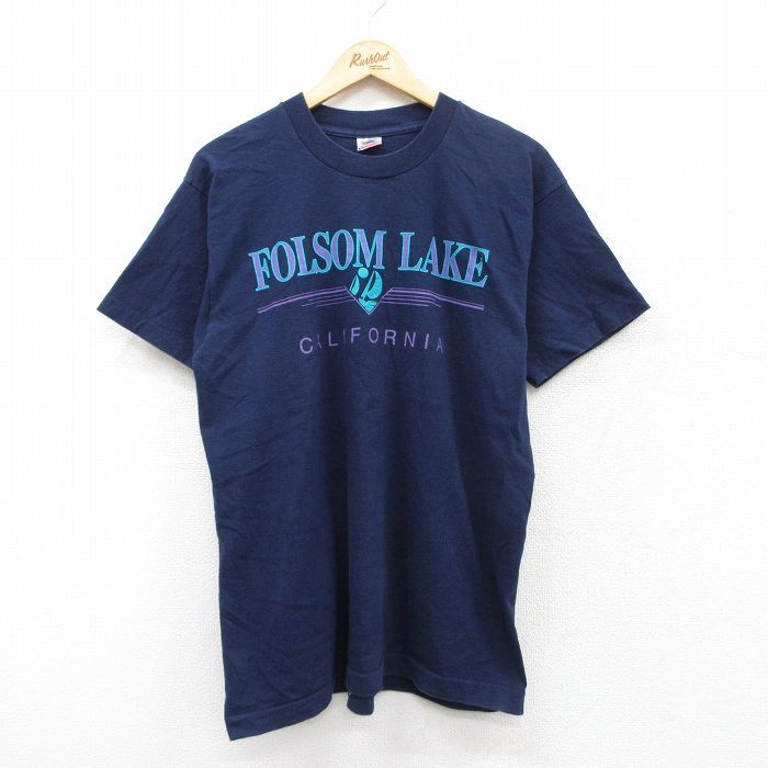 L/古着 フルーツオブザルーム 半袖 ビンテージ Tシャツ メンズ 90s フォルサム湖 カリフォルニア コットン クルーネック 紺 ネイビー 25jun拍卖