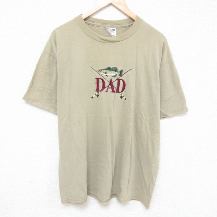 XL/古着ジャージーズ 半袖 ビンテージ Tシャツ メンズ 00s 魚 刺繍 大きいサイズ コットン クルーネック ベージュ カーキ 25jun21 中古拍卖