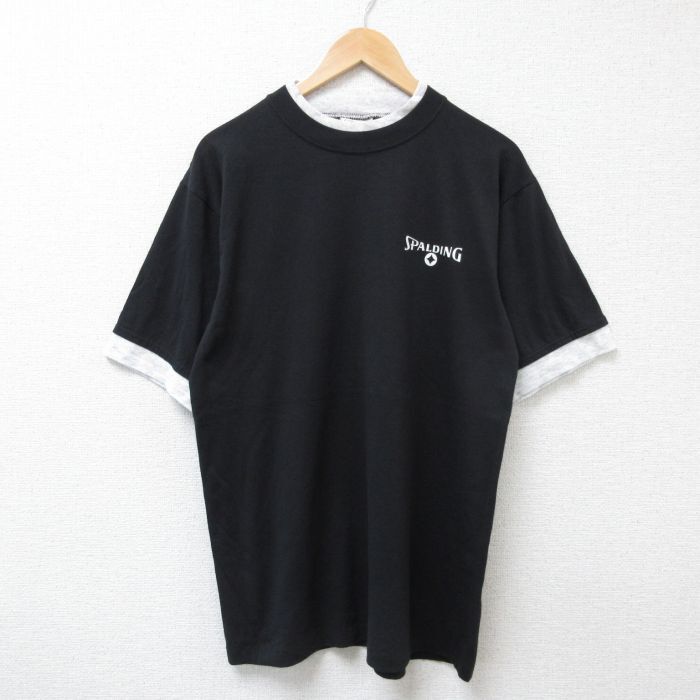 L/古着 スポルディング 半袖 ビンテージ Tシャツ メンズ 90s ワンポイントロゴ クルーネック 黒他 ブラック 25jun21 中古拍卖