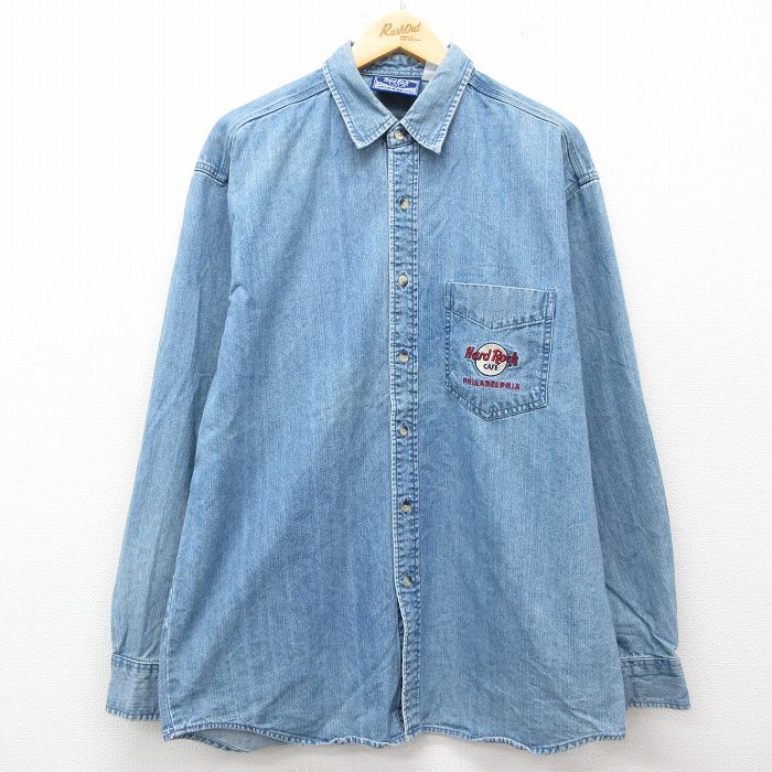 XL/古着 長袖 シャツ メンズ 00s ハードロックカフェ フィラデルフィア ロング丈 コットン ボタンダウン 紺 ネイビー デニム 25jun25 中古拍卖