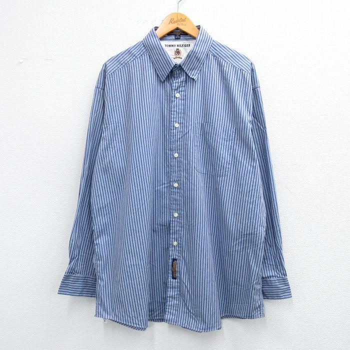 XL/古着 トミーヒルフィガー 長袖 ブランド シャツ メンズ 大きいサイズ ロング丈 コットン 紺他 ネイビー ストライプ 25jun23 中古 トップ拍卖