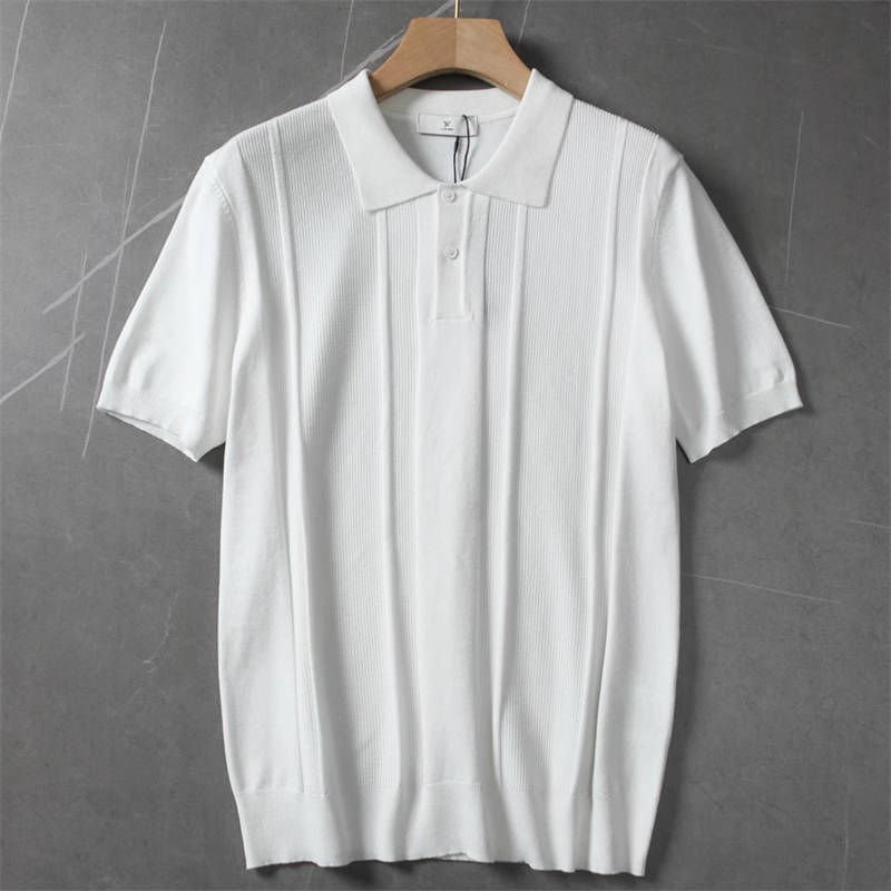 T0833-L白色 新品 テンセル ニット 半袖ポロシャツ メンズ サマーニット ジャガード 涼感 薄手 盛夏 クールビズ ゴルフウェア ビズポロ拍卖
