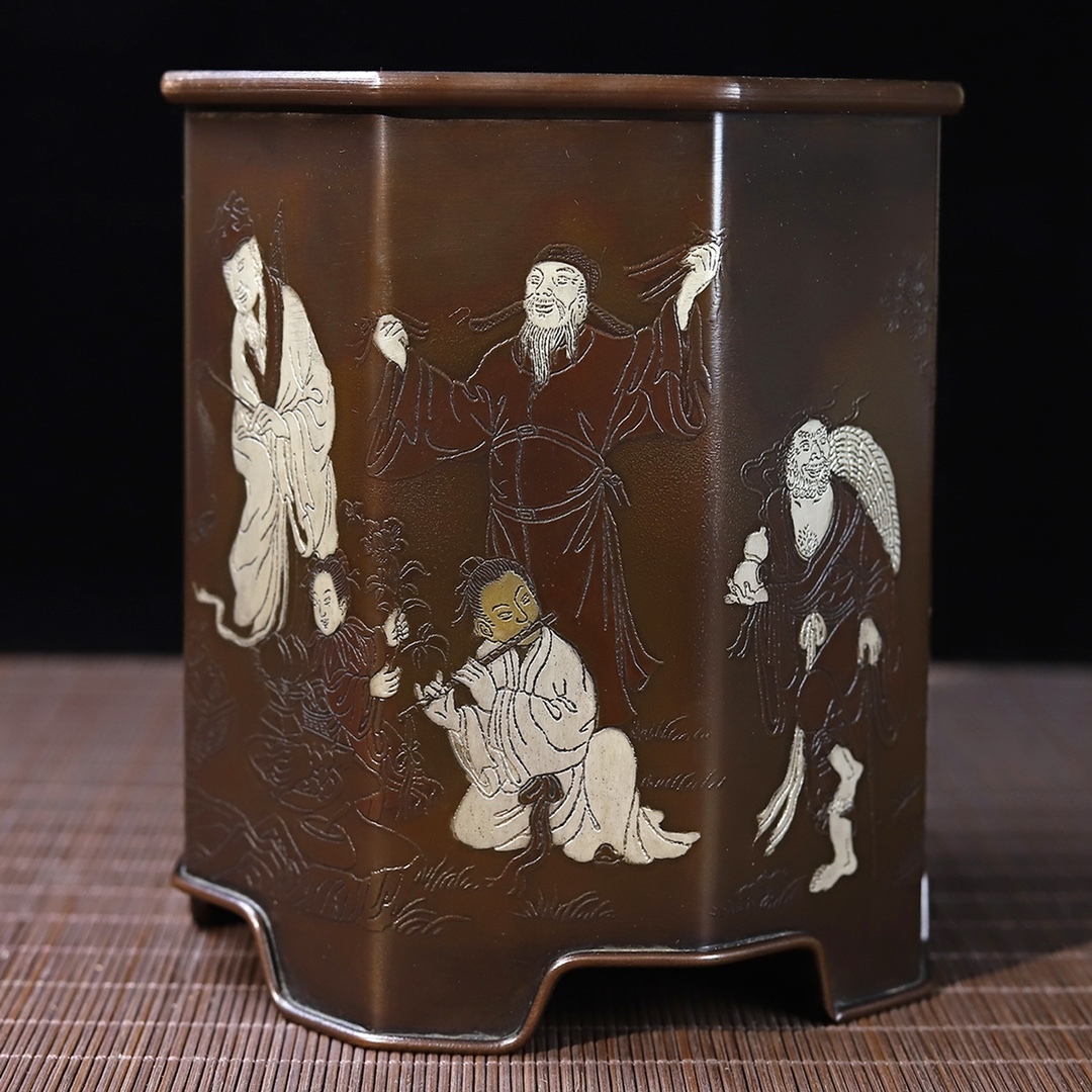 唐物 清 銅 筆筒 塗金 塗銀 極細工 中国美術品 時代物 中国古玩 骨董品 D66拍卖