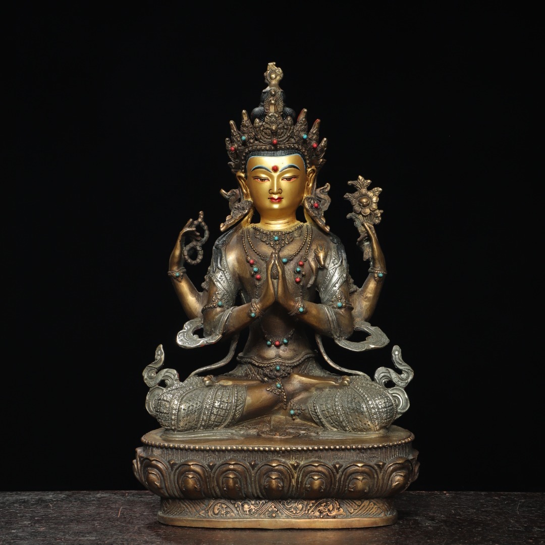 唐物 清 銅塗銀描彩【四腕観音】仏像 奉納されていた 供養品 銅製品 古美術品 時代物 中国古玩 骨董品 D66拍卖