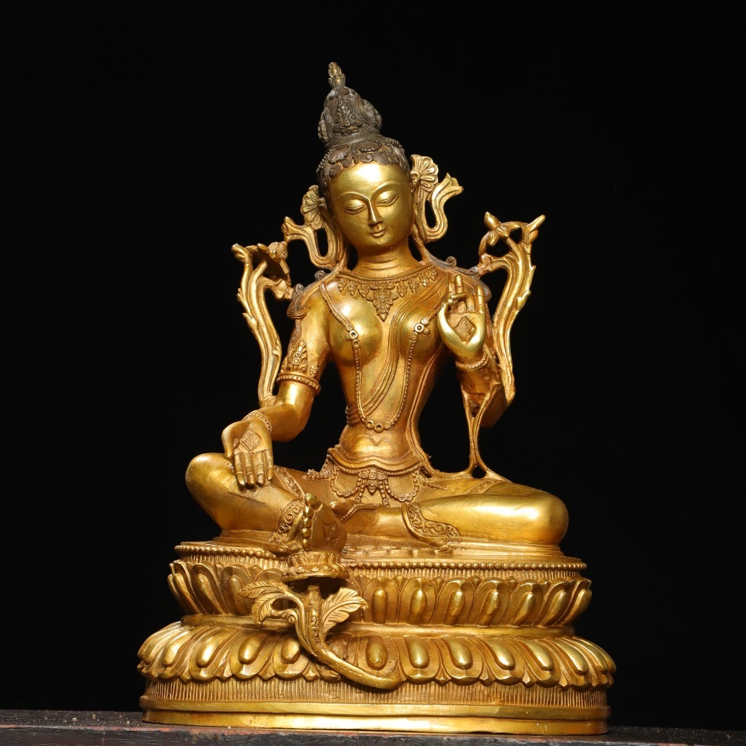 唐物 清 銅塗金【緑度母】仏像 奉納されていた 供養品 銅製品 古美術品 時代物 中国古玩 骨董品 D66拍卖