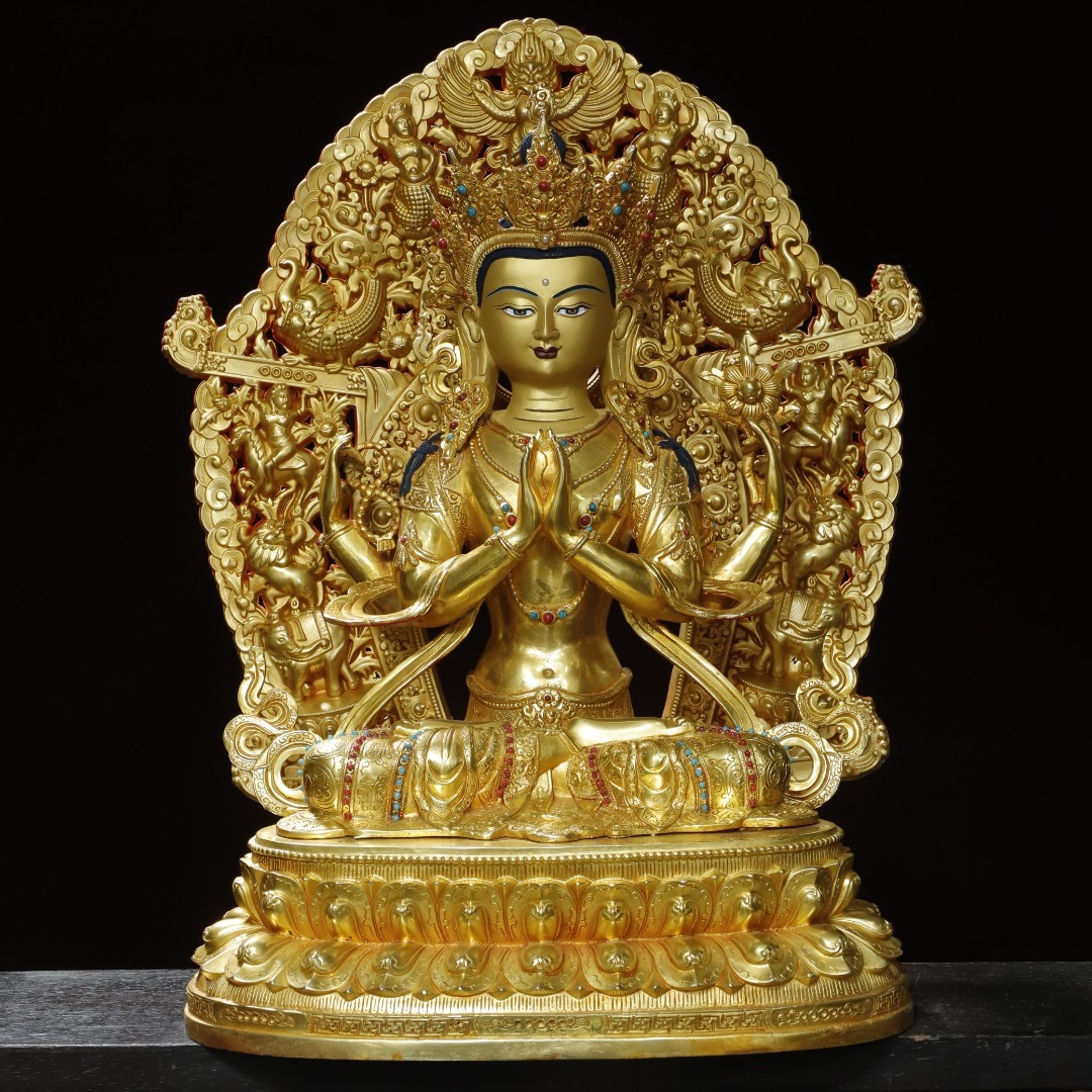 唐物 清 銅塗金 描彩背光【四臂觀音】仏像 奉納されていた 供養品 銅製 古美術品 時代物 中国古玩 骨董品 D66拍卖