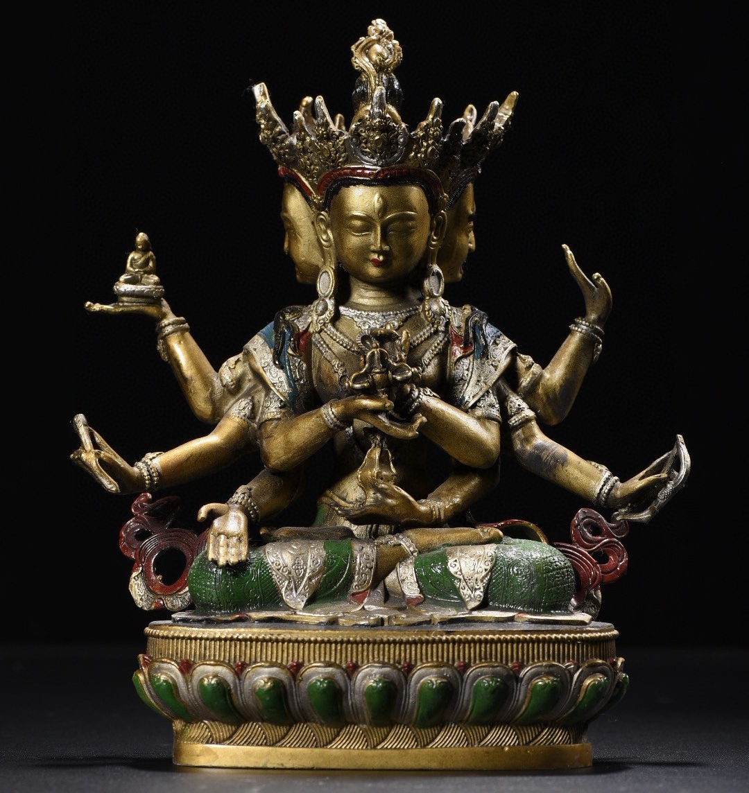 唐物 清 銅製 彩繪 三面八臂佛母像 極細工 中国美術品 時代物 中国古玩 骨董品 D66拍卖