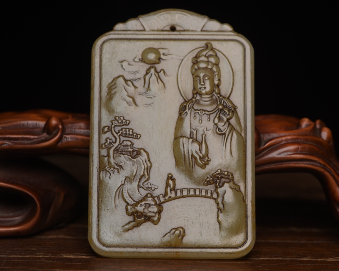 唐物 清 玉彫 和田玉 観音 玉質温潤細膩 沁色自然 包漿一流 極細工 古美術品 中国古玩 骨董品 D66拍卖