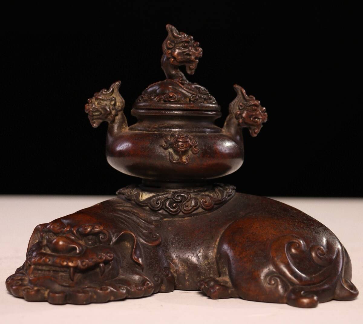 唐物 大明 永樂年製 純紫銅 香炉【宣徳貅龍蓋炉】香道具 銅製品 古美術品 時代物 中国古玩 骨董品 D66拍卖