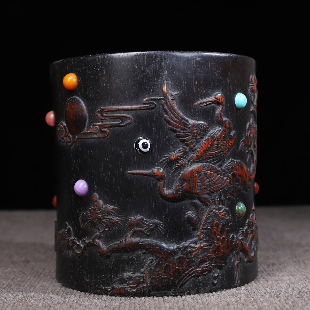 唐物 清 花梨木 嵌寶石 手彫 筆筒 鬆鶴圖 極細工 中国美術品 時代物 中国古玩 骨董品 D66拍卖