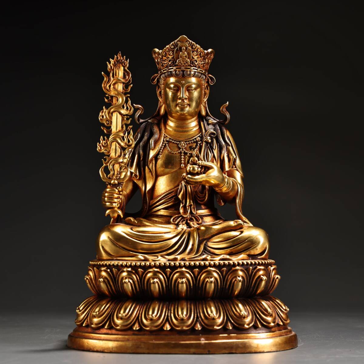 唐物 明 永樂年製 純銅 紫銅 高浮彫鏨刻 塗金虚空臧仏像 奉納されていた 供養品 銅製品 古美術品 時代物 中国古玩 骨董品 D66拍卖