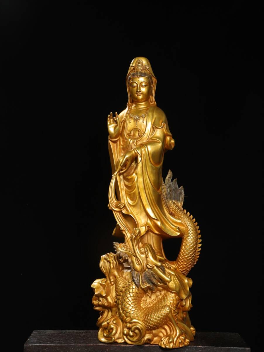 唐物 清 銅塗金【玉龍観音】仏像 奉納されていた 供養品 銅製品 古美術品 時代物 中国古玩 骨董品 D66拍卖